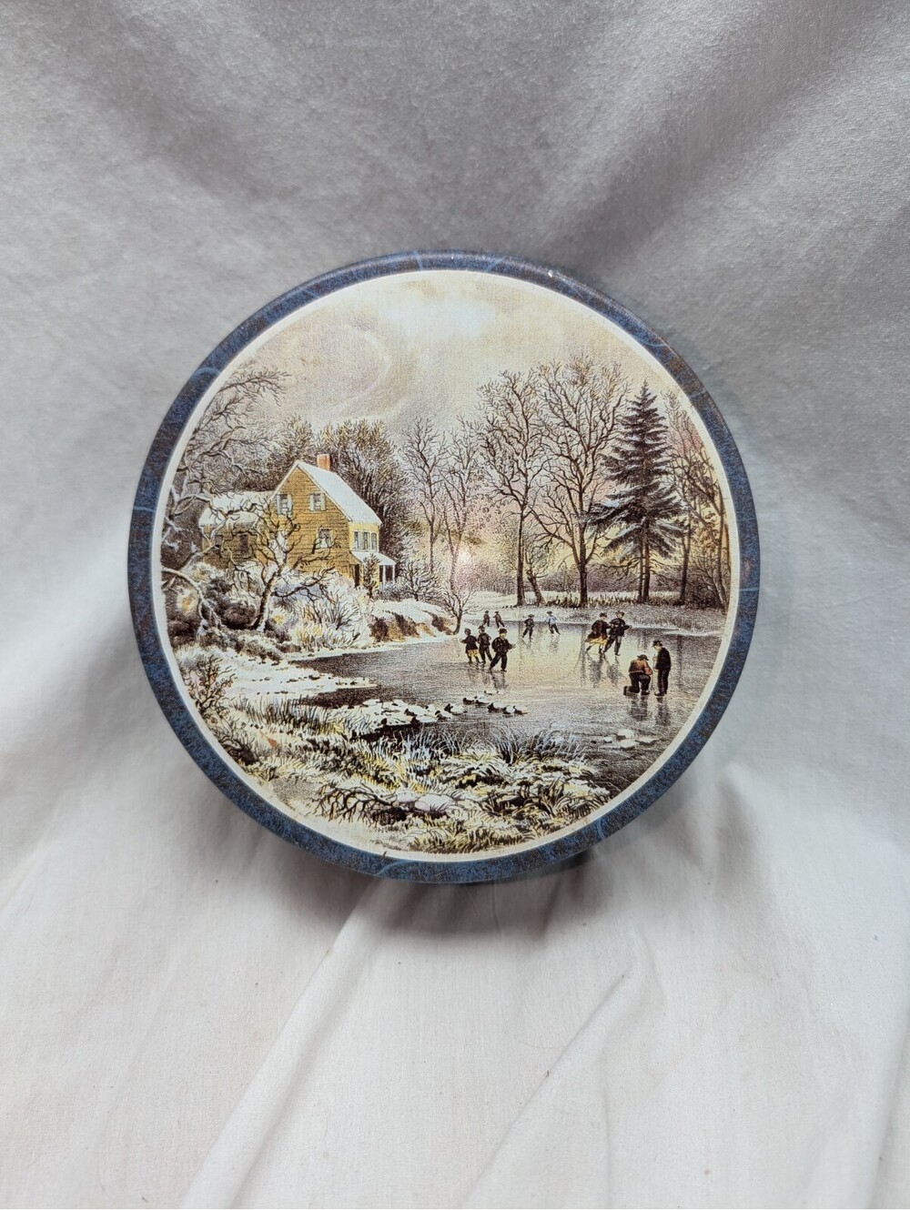 Vintage 10" Round Christmas Tin Container "Ice Skating on a Pond"